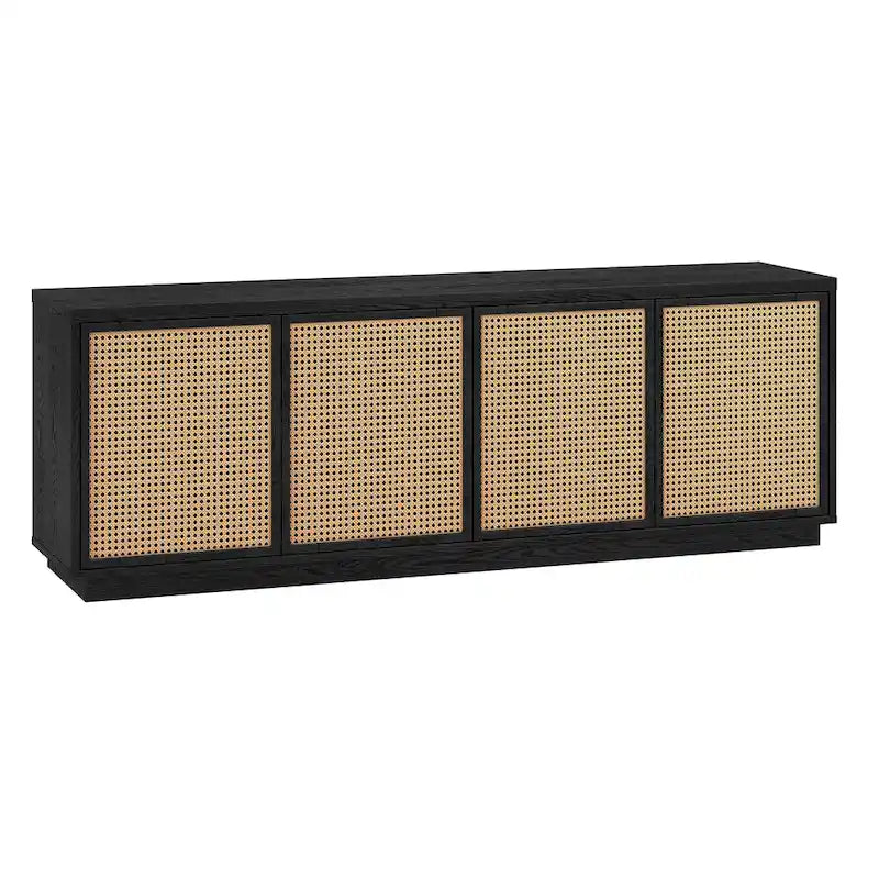 Meuble TV mi-siècle noyer satiné/veinage noir avec portes en faux rotin, pour téléviseurs jusqu'à 78 po.