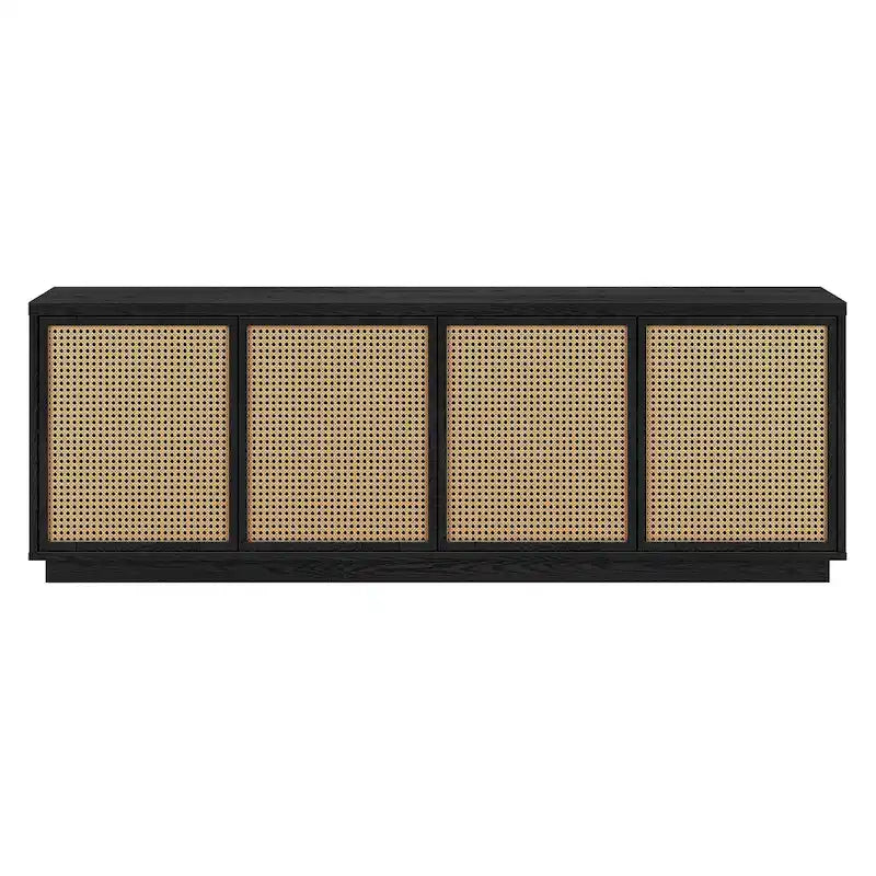 Meuble TV mi-siècle noyer satiné/veinage noir avec portes en faux rotin, pour téléviseurs jusqu'à 78 po.