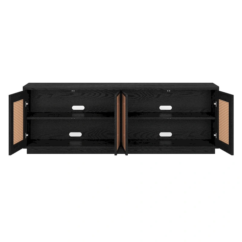 Meuble TV mi-siècle noyer satiné/veinage noir avec portes en faux rotin, pour téléviseurs jusqu'à 78 po.