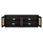 Meuble TV mi-siècle noyer satiné/veinage noir avec portes en faux rotin, pour téléviseurs jusqu'à 78 po.