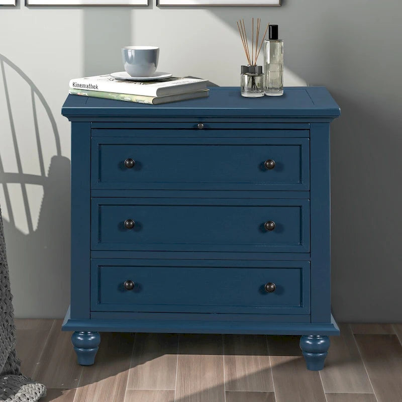Table d'appoint en pin et MDF avec 3 tiroirs et pieds en hévéa, coloris bleu / marron / noir / blanc