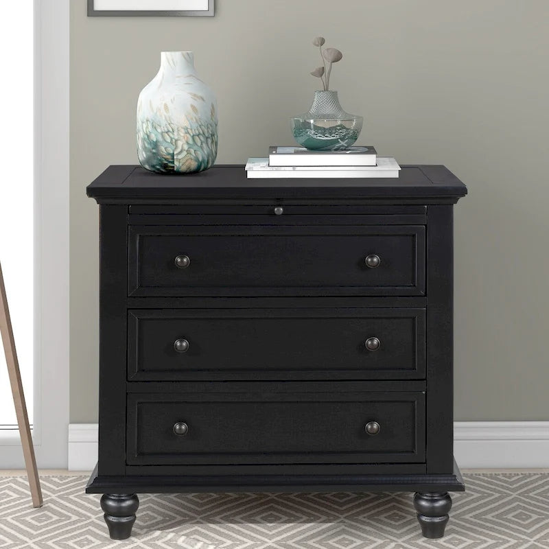 Table d'appoint en pin et MDF avec 3 tiroirs et pieds en hévéa, coloris bleu / marron / noir / blanc