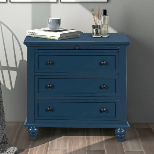 Solid Pine Wood End Table with Pull-out Tray and 3 Drawer, Easy Assembly