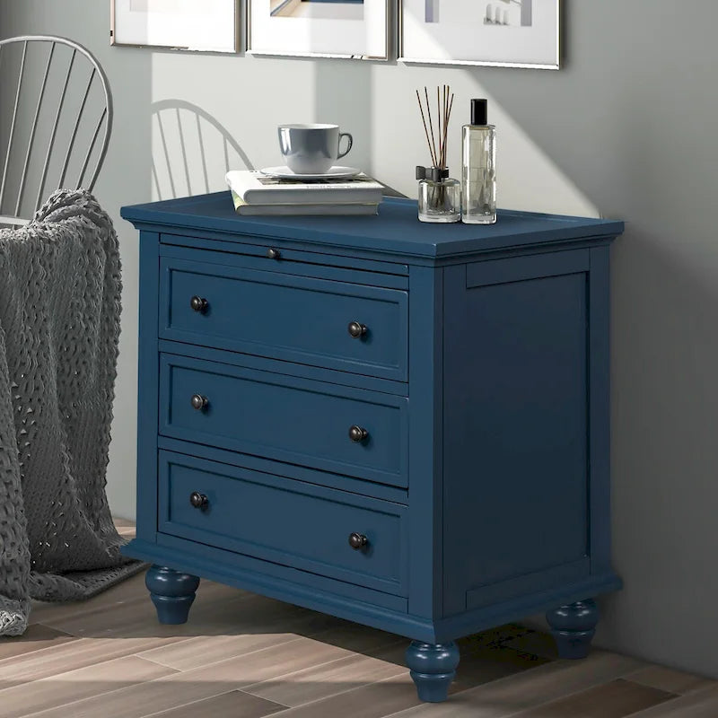 Table d'appoint en pin et MDF avec 3 tiroirs et pieds en hévéa, coloris bleu / marron / noir / blanc