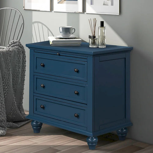 Table d'appoint en pin et MDF avec 3 tiroirs et pieds en hévéa, coloris bleu / marron / noir / blanc