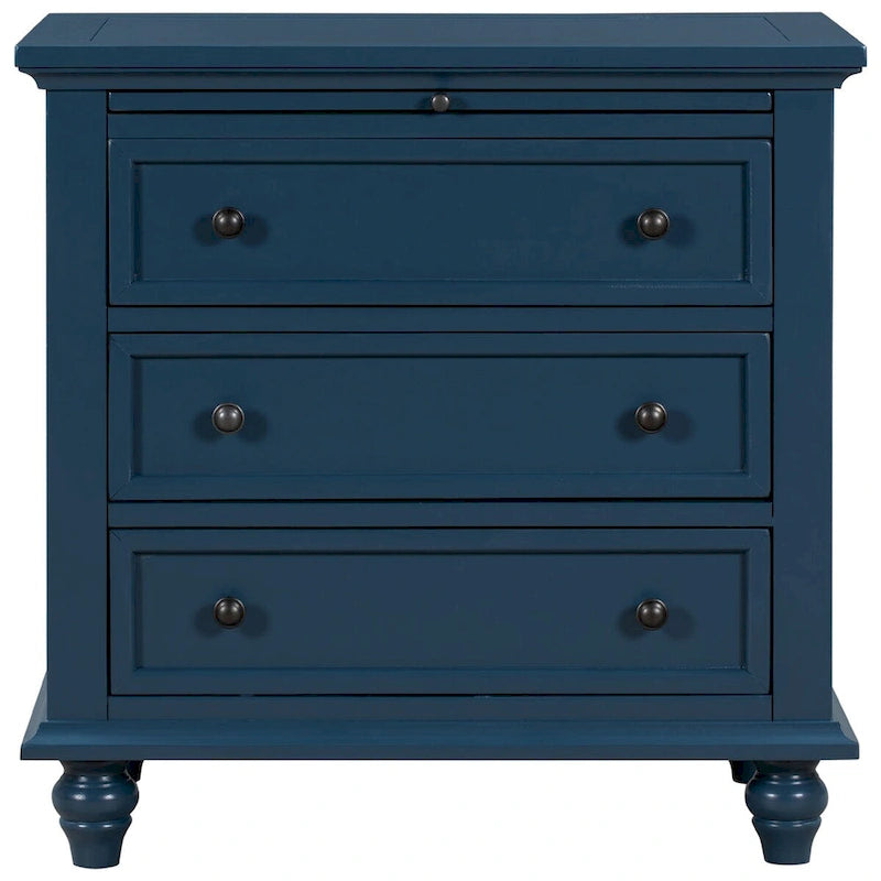 Table d'appoint en pin et MDF avec 3 tiroirs et pieds en hévéa, coloris bleu / marron / noir / blanc