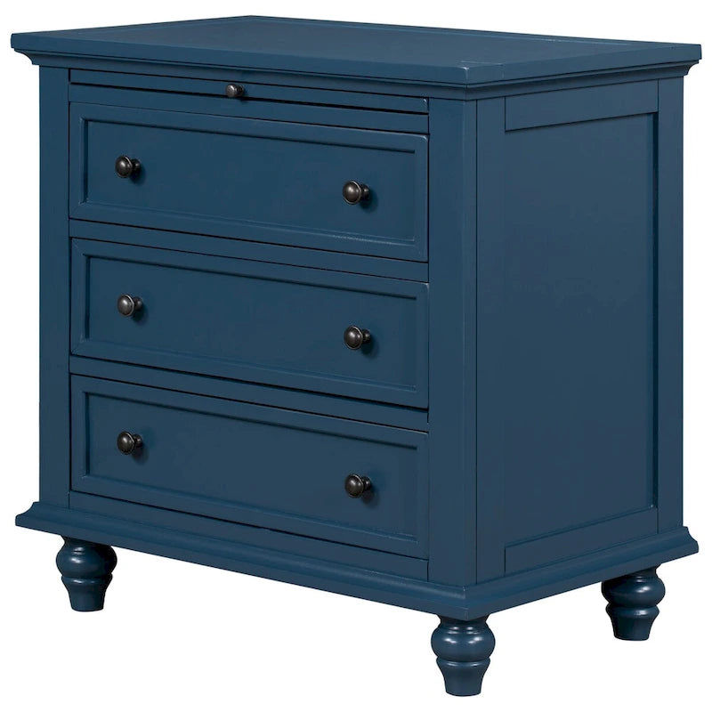 Table d'appoint en pin et MDF avec 3 tiroirs et pieds en hévéa, coloris bleu / marron / noir / blanc