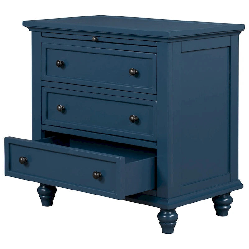 Table d'appoint en pin et MDF avec 3 tiroirs et pieds en hévéa, coloris bleu / marron / noir / blanc