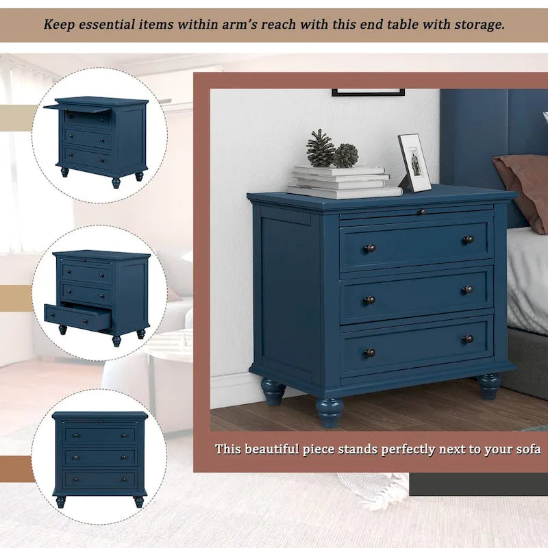 Table d'appoint en pin et MDF avec 3 tiroirs et pieds en hévéa, coloris bleu / marron / noir / blanc