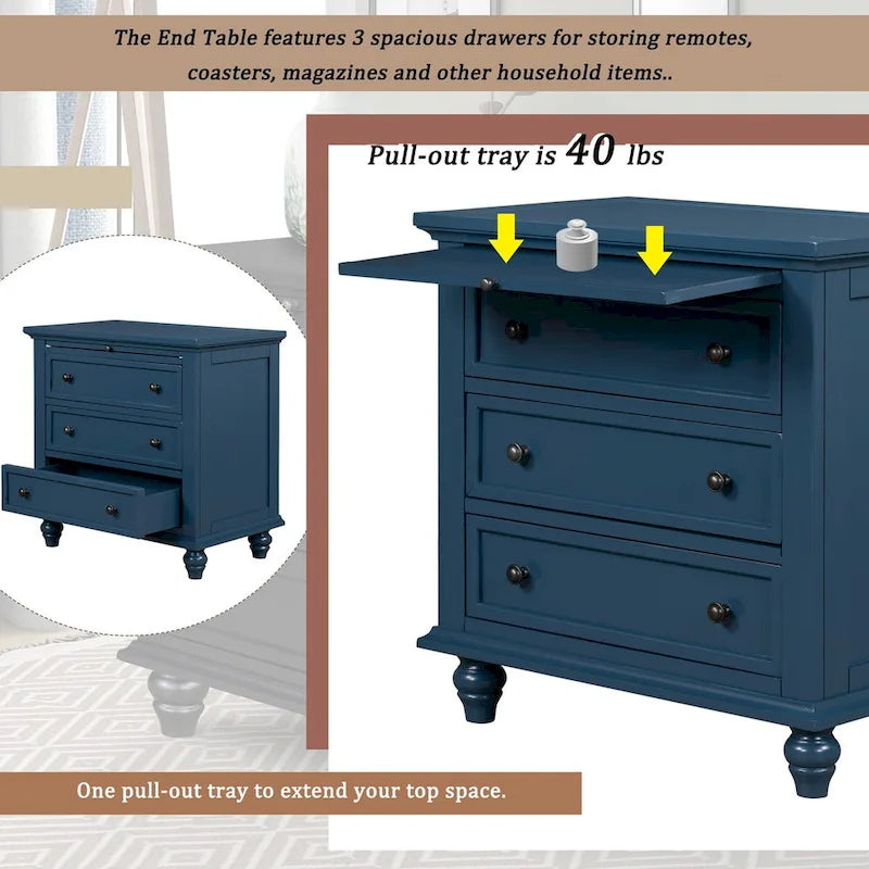 Table d'appoint en pin et MDF avec 3 tiroirs et pieds en hévéa, coloris bleu / marron / noir / blanc