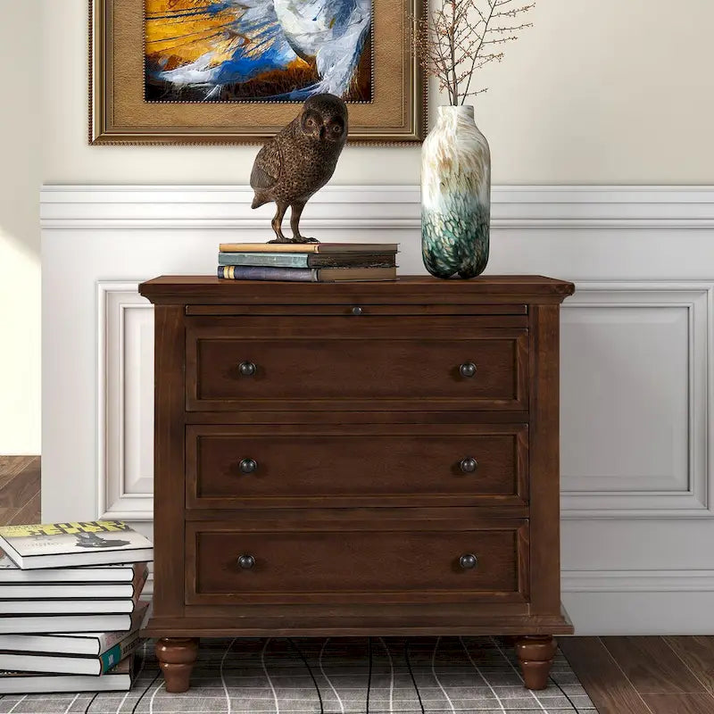 Table d'appoint en pin et MDF avec 3 tiroirs et pieds en hévéa, coloris bleu / marron / noir / blanc
