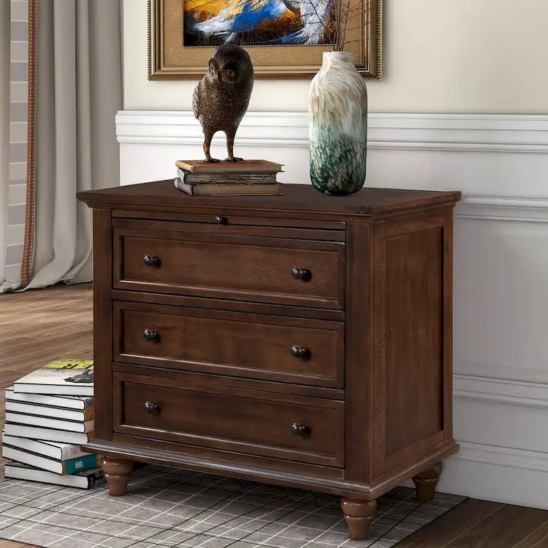 Table d'appoint en pin et MDF avec 3 tiroirs et pieds en hévéa, coloris bleu / marron / noir / blanc