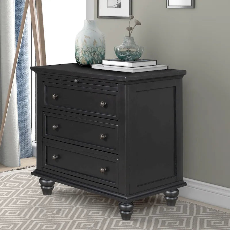 Table d'appoint en pin et MDF avec 3 tiroirs et pieds en hévéa, coloris bleu / marron / noir / blanc