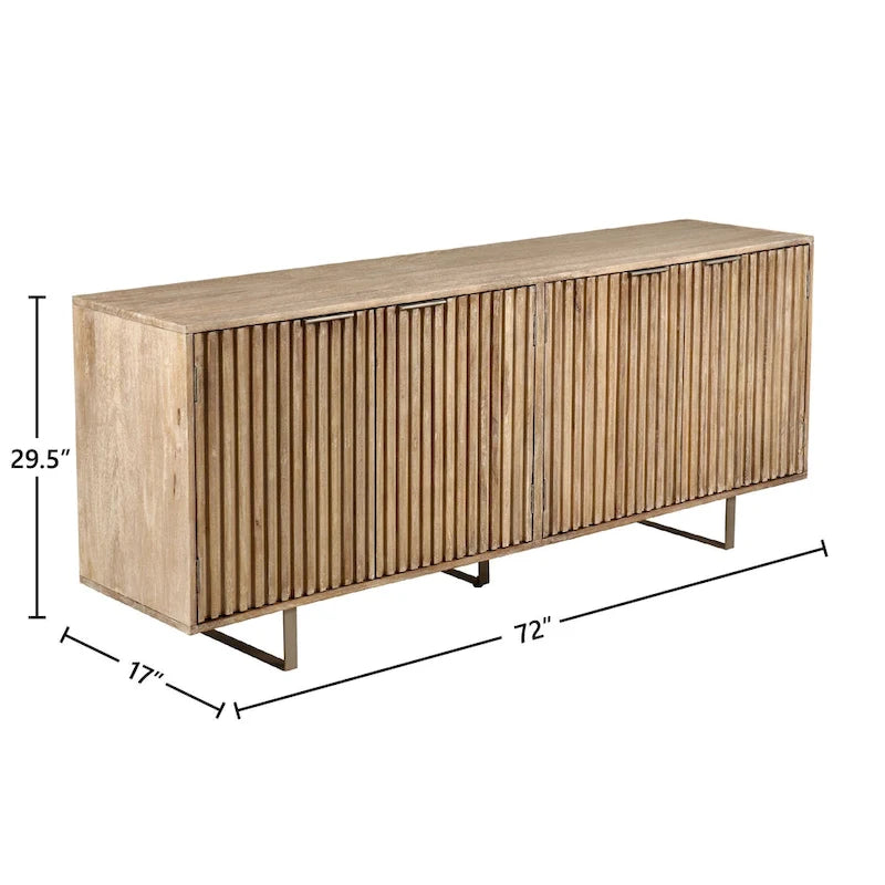 Bahut moderne du milieu du siècle, marron clair, bois de manguier cannelé, 4 portes