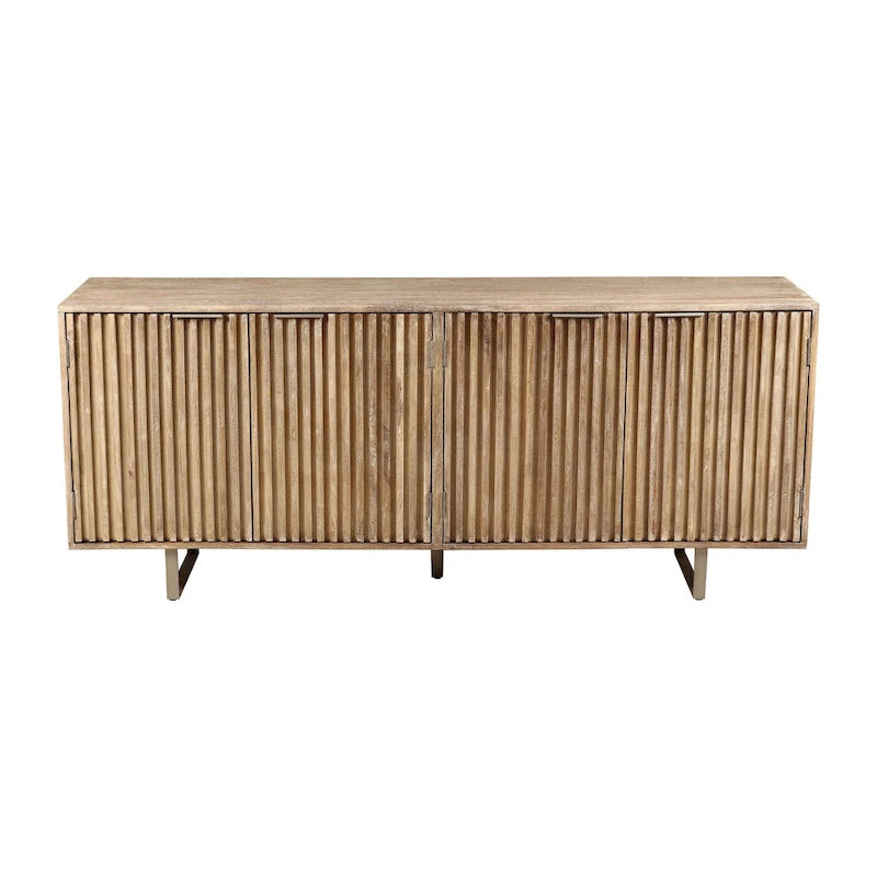 Bahut moderne du milieu du siècle, marron clair, bois de manguier cannelé, 4 portes