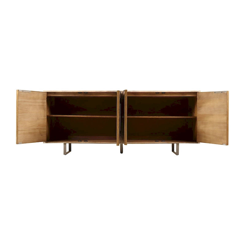 Bahut moderne du milieu du siècle, marron clair, bois de manguier cannelé, 4 portes