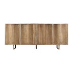Bahut moderne du milieu du siècle, marron clair, bois de manguier cannelé, 4 portes