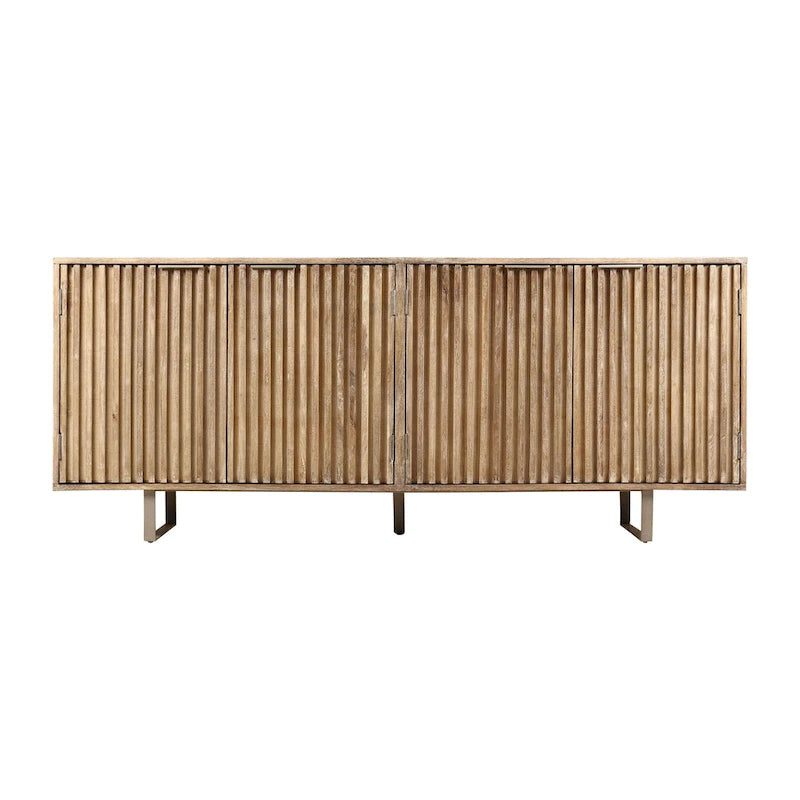 Bahut moderne du milieu du siècle, marron clair, bois de manguier cannelé, 4 portes