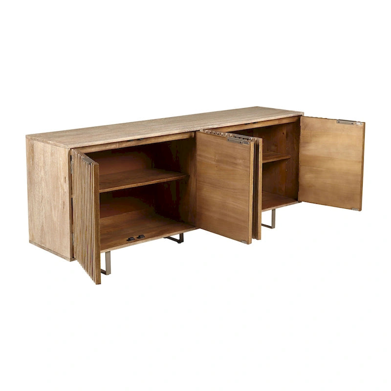 Bahut moderne du milieu du siècle, marron clair, bois de manguier cannelé, 4 portes