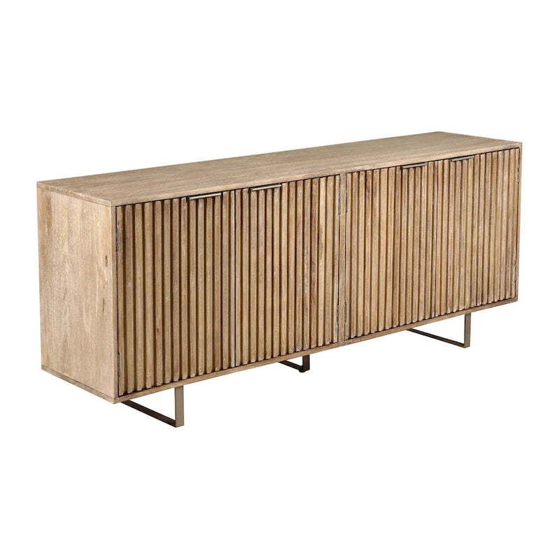 Bahut moderne du milieu du siècle, marron clair, bois de manguier cannelé, 4 portes