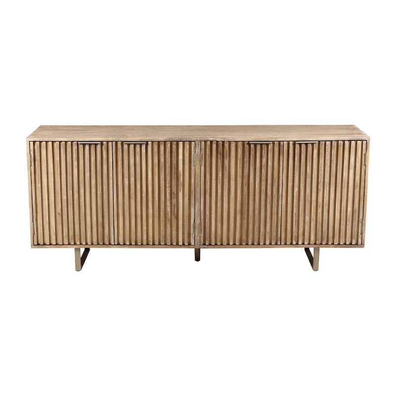 Bahut moderne du milieu du siècle, marron clair, bois de manguier cannelé, 4 portes