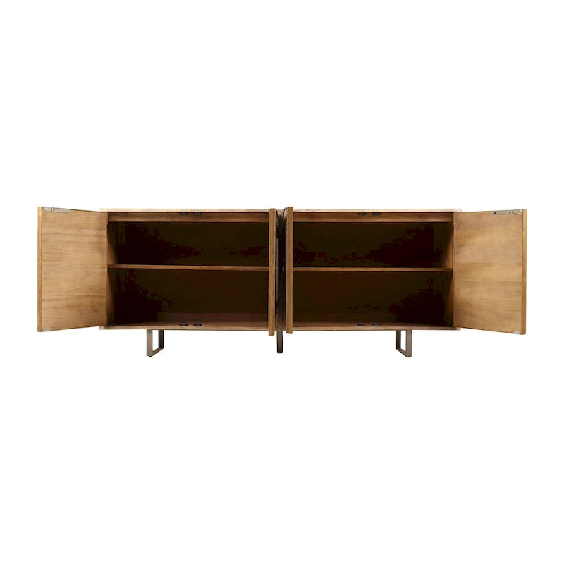 Bahut moderne du milieu du siècle, marron clair, bois de manguier cannelé, 4 portes