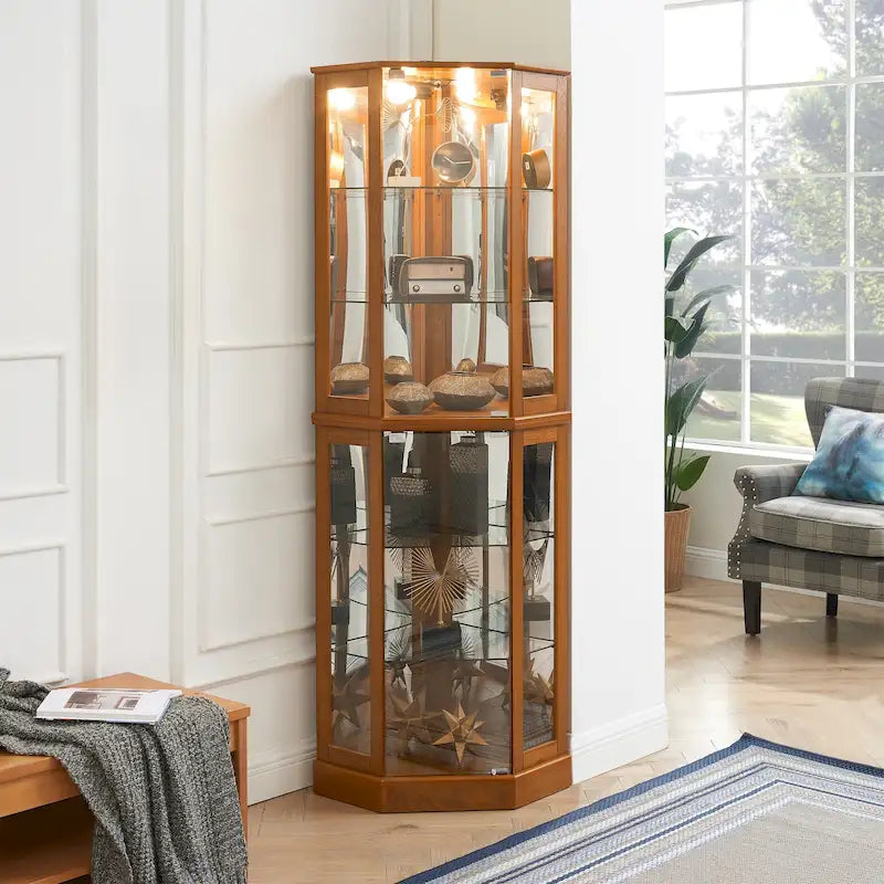 Vitrine d'angle Curio avec lumières et miroir, Merisier / Noyer / Chêne, 6 étagères