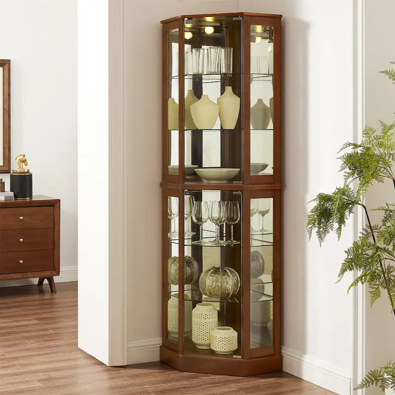 Vitrine d'angle Curio avec lumières et miroir, Merisier / Noyer / Chêne, 6 étagères