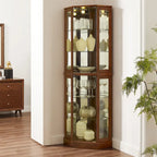 Vitrine d'angle Curio avec lumières et miroir, Merisier / Noyer / Chêne, 6 étagères