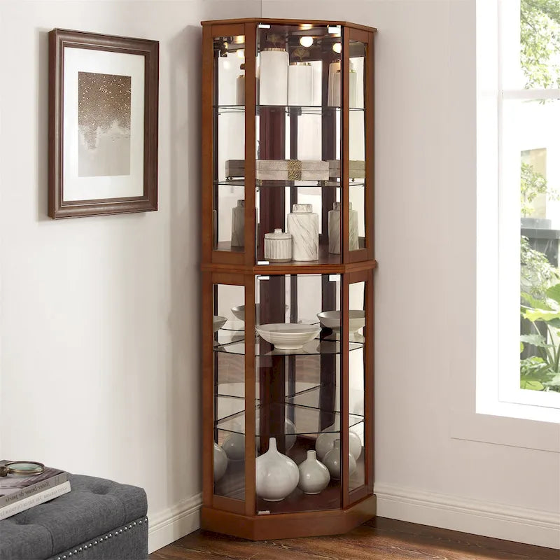 Vitrine d'angle Curio avec lumières et miroir, Merisier / Noyer / Chêne, 6 étagères