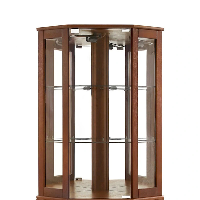 Vitrine d'angle Curio avec lumières et miroir, Merisier / Noyer / Chêne, 6 étagères