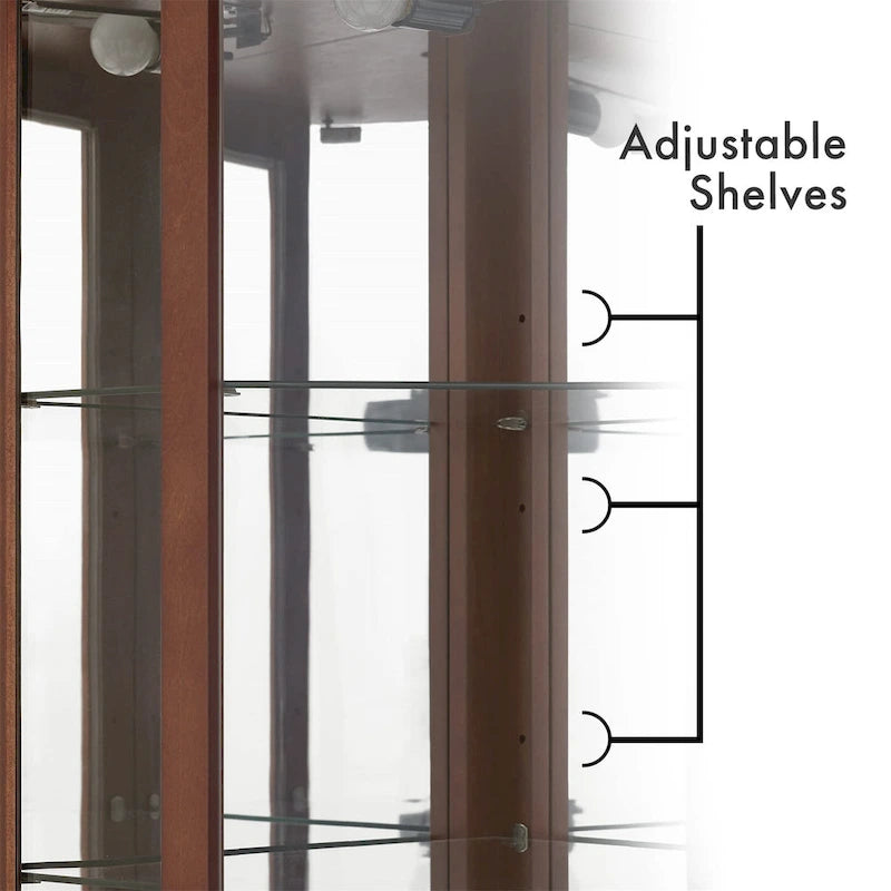 Vitrine d'angle Curio avec lumières et miroir, Merisier / Noyer / Chêne, 6 étagères