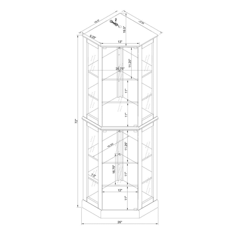 Vitrine d'angle Curio avec lumières et miroir, Merisier / Noyer / Chêne, 6 étagères