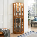 Vitrine d'angle Curio avec lumières et miroir, Merisier / Noyer / Chêne, 6 étagères