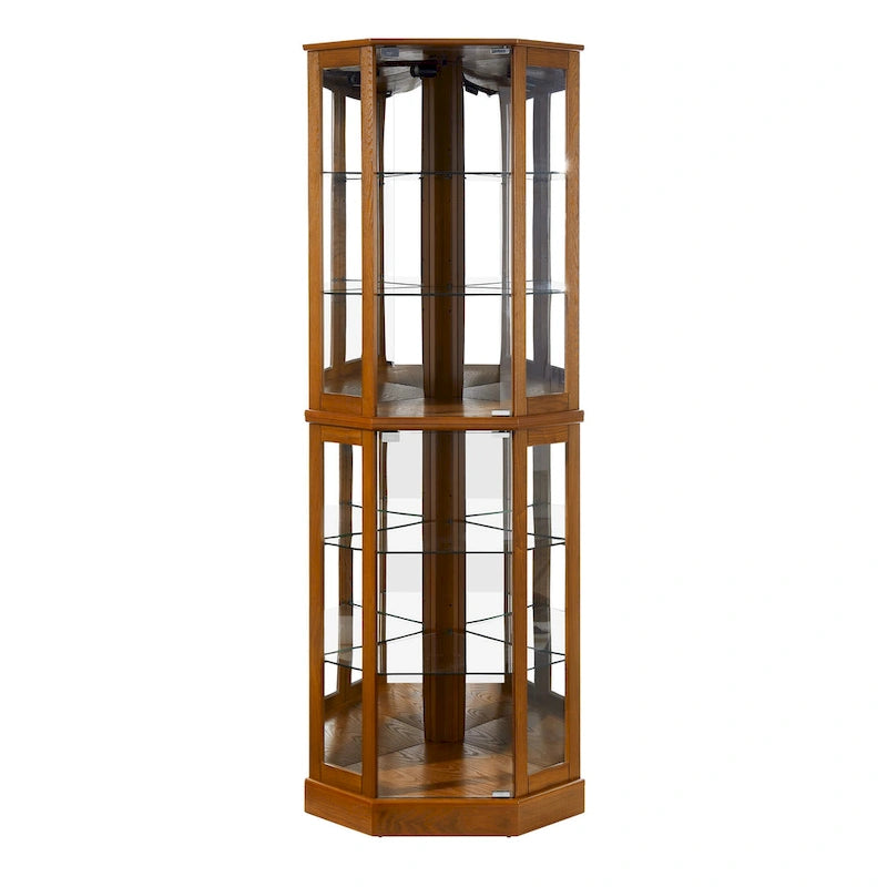 Vitrine d'angle Curio avec lumières et miroir, Merisier / Noyer / Chêne, 6 étagères