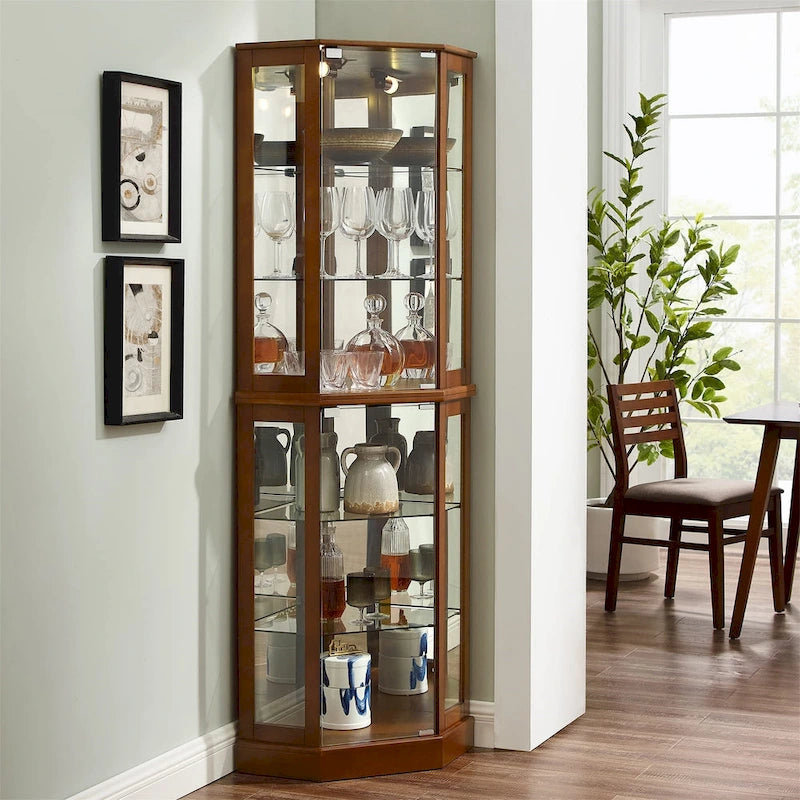 Vitrine d'angle Curio avec lumières et miroir, Merisier / Noyer / Chêne, 6 étagères