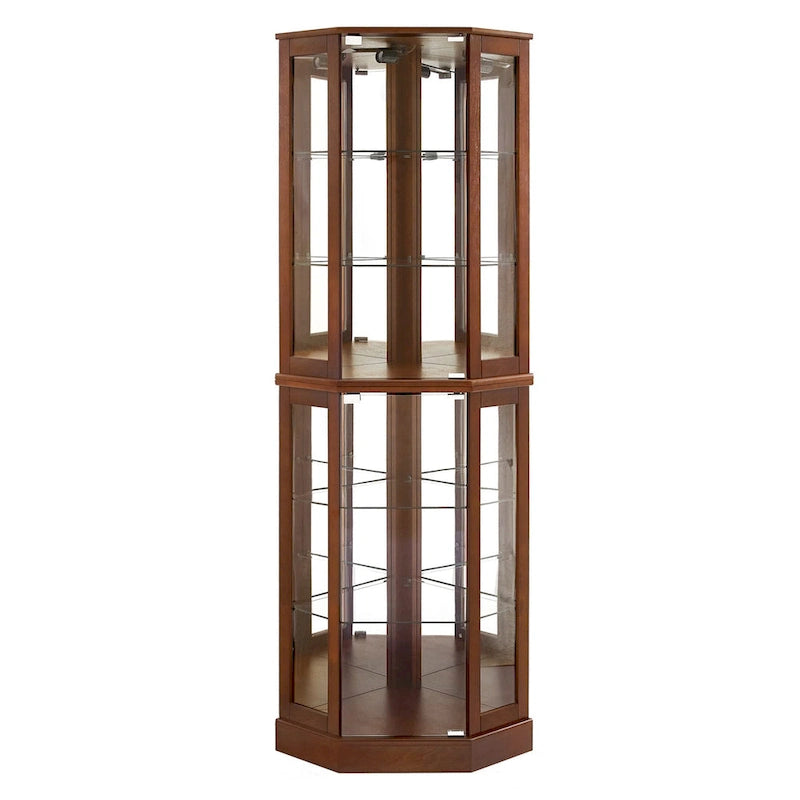 Vitrine d'angle Curio avec lumières et miroir, Merisier / Noyer / Chêne, 6 étagères
