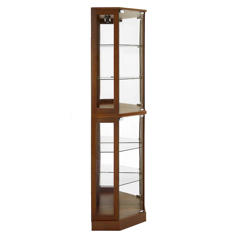 Vitrine d'angle Curio avec lumières et miroir, Merisier / Noyer / Chêne, 6 étagères