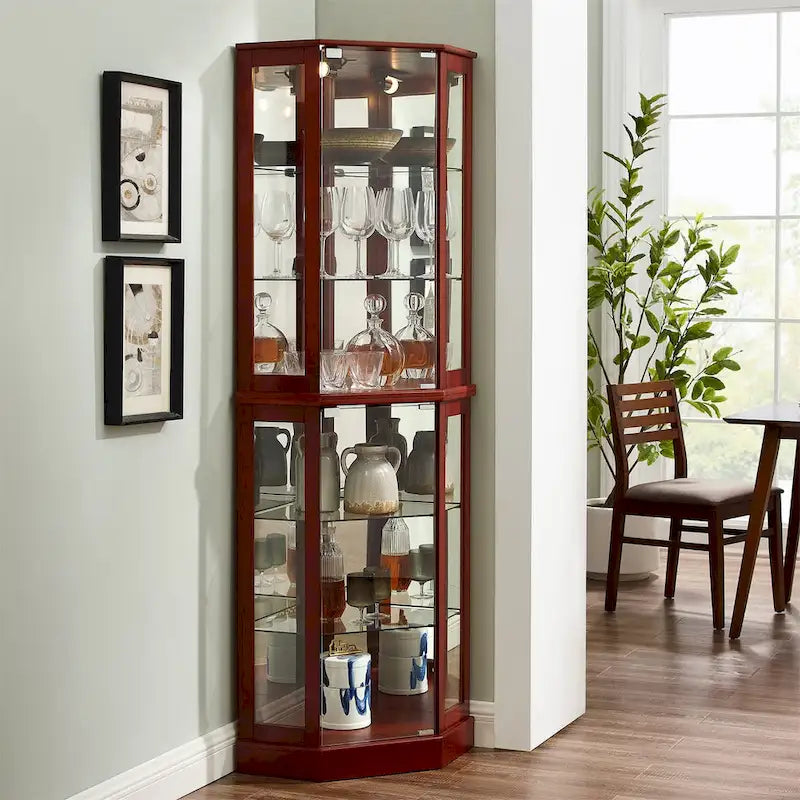 Vitrine d'angle Curio avec lumières et miroir, Merisier / Noyer / Chêne, 6 étagères