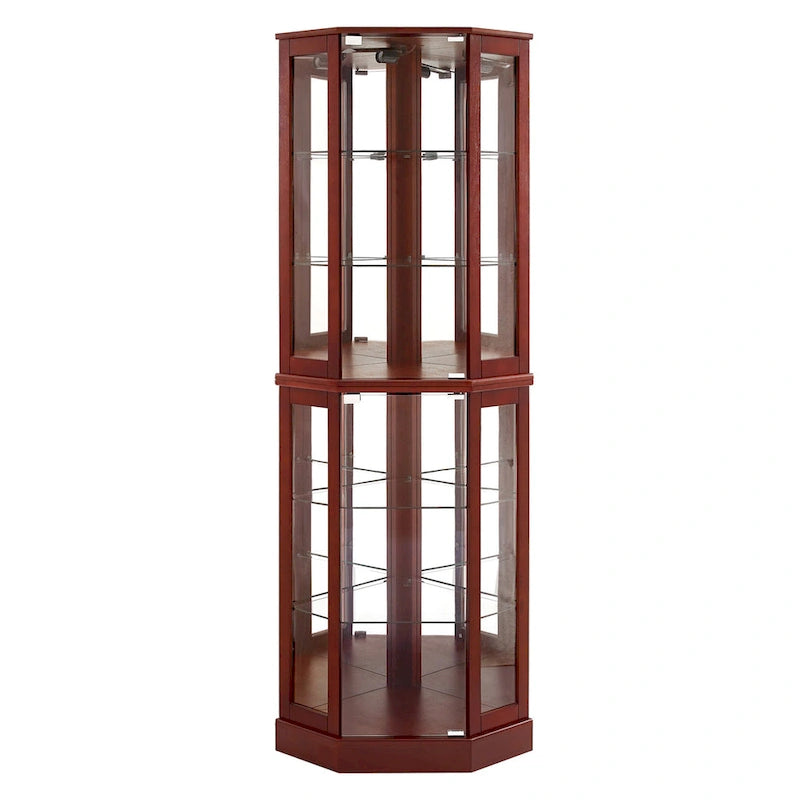 Vitrine d'angle Curio avec lumières et miroir, Merisier / Noyer / Chêne, 6 étagères