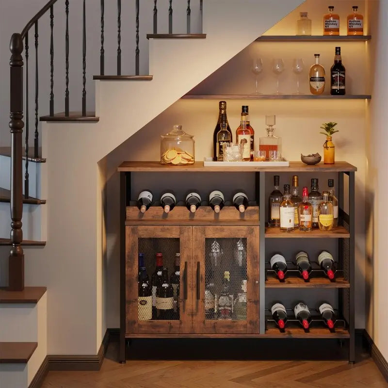 Meuble de Bar de Style Industriel avec Range-Bouteilles et Porte-Verres, Marron Rustique, Porte en Maille