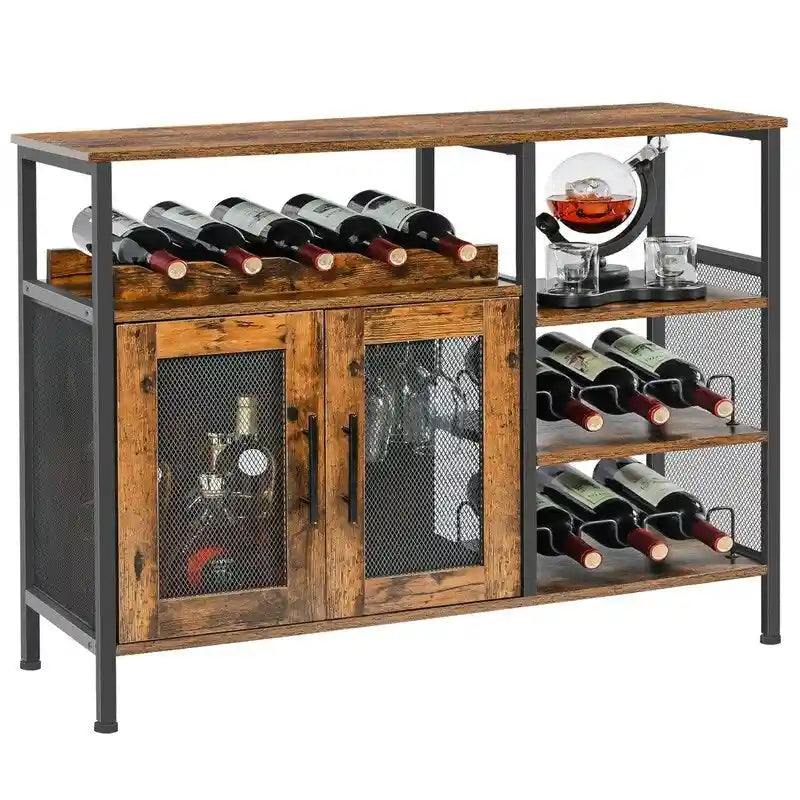 Meuble de Bar de Style Industriel avec Range-Bouteilles et Porte-Verres, Marron Rustique, Porte en Maille