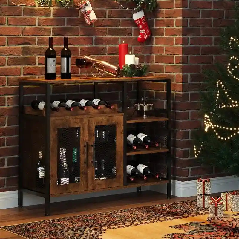 Meuble de Bar de Style Industriel avec Range-Bouteilles et Porte-Verres, Marron Rustique, Porte en Maille