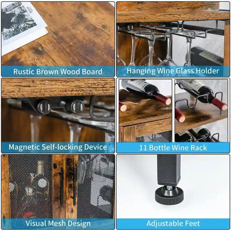 Meuble de Bar de Style Industriel avec Range-Bouteilles et Porte-Verres, Marron Rustique, Porte en Maille