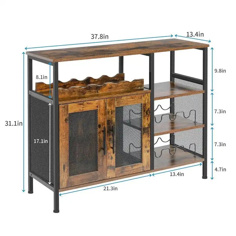 Meuble de Bar de Style Industriel avec Range-Bouteilles et Porte-Verres, Marron Rustique, Porte en Maille