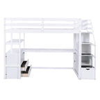 Lit mezzanine simple avec escalier, bureau, étagères et 2 tiroirs, gris / blanc