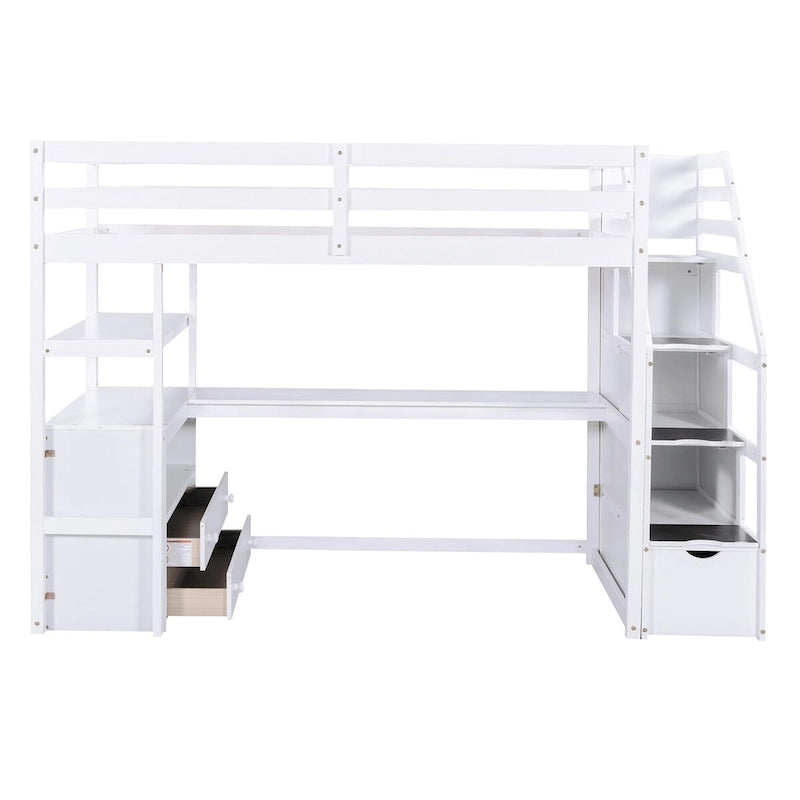 Lit mezzanine simple avec escalier, bureau, étagères et 2 tiroirs, gris / blanc