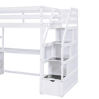 Lit mezzanine simple avec escalier, bureau, étagères et 2 tiroirs, gris / blanc