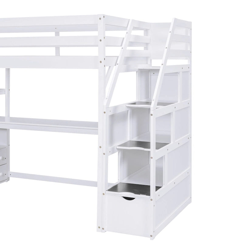 Lit mezzanine simple avec escalier, bureau, étagères et 2 tiroirs, gris / blanc