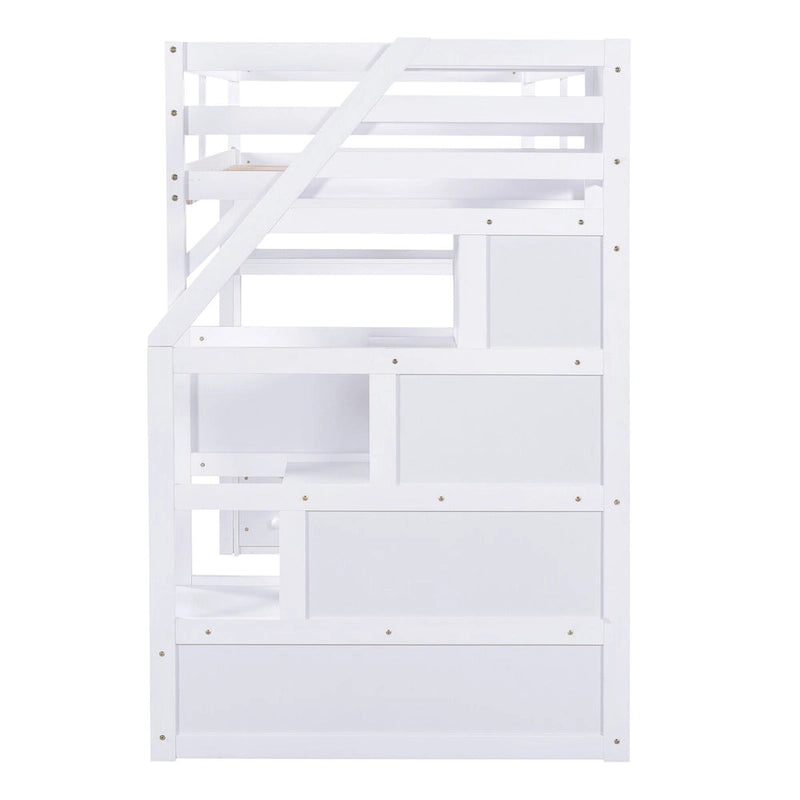 Lit mezzanine simple avec escalier, bureau, étagères et 2 tiroirs, gris / blanc